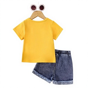 Girls 2Pcs Set Yellow Heart Print Short Sleeve T Shirt Denim <b>Daisy</b> Shorts Casual Comfortable 100% Cotton All Season Outfit - Product Image 2