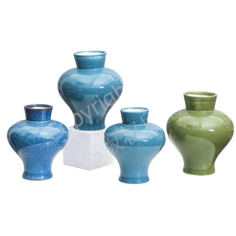 Luxe Antieke Traditionele Glanzende Groene En Blauwe Kleur Zandige Beglazing Chinese Pruimenvaas Roos Bloemenvaas Voor Tafelblad Homedecor