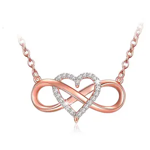 Rose Gold Plated Micromosaic White Zircon Infinity Silver Heart Necklace Charm Chain Pendant Necklace For Birthday Gifts