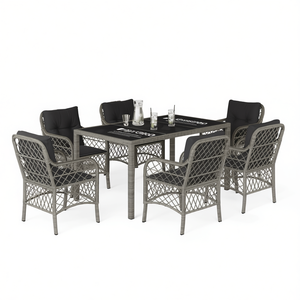 Set da pranzo da giardino in rattan grigio a 7 pezzi con 6 sedie, mobili da esterno resistenti alle intemperie, design contemporaneo - Product Image 1