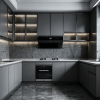 Armoires de cuisine plates sans poignées en noir mat, modulaires, à fermeture douce, design moderne et minimaliste, vente en gros