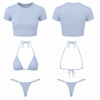 Fabricante de Trajes de Baño Personalizados OEM, Tela Reciclada, Diseño de Rayas Triangulares, Conjunto de Bikini de Tres Piezas para Mujer