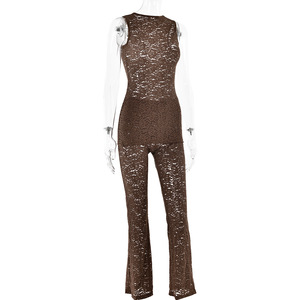 Ensemble deux pièces en dentelle, haut sans manches, pantalon slim, marron, polyester, vêtements décontractés, quatre saisons - Product Image 2