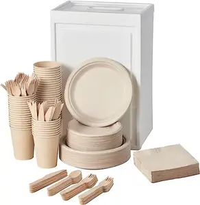 Disposable Cutlery Set Knife Fork Spoon Cup Party Sauce Bowl Biodegradable Bagasse Plate Bamboo Food Serving Party Service Tray
