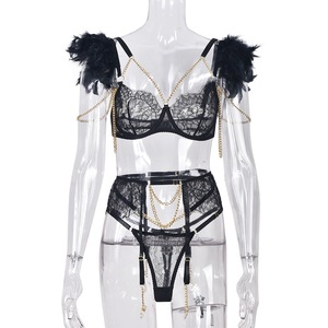 Intimo Erotico Sexy con Pizzo Ricamato, Piume e Catene Intricate, Lingerie Femminile Romantica - Product Image 3
