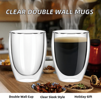 Ensemble de tasses à café en verre, 2 tasses à double paroi de 12 oz, transparentes, résistantes aux chocs, légères, design minimaliste, cadeau pour Noël, anniversaire