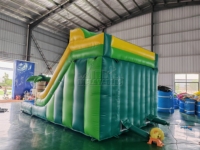 Toboggan aquatique gonflable commercial à double piste avec palmier et piscine à jets d'eau en PVC étanche pour la location événementielle et les entreprises
