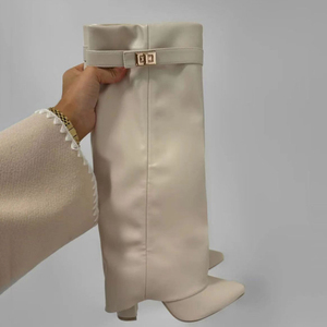 Botas de tacón grueso de talla grande 45 con punta en pico y superposición de gamuza, botines plegables hasta la rodilla con decoración metálica para mujer - Product Image 6