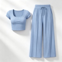 Ensembles élégants streetwear pour femmes 2026 – Tenue deux pièces côtelée grande taille à manches courtes et pantalon décontracté à jambes larges – Mode boutique