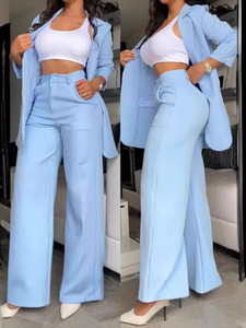 Phụ Nữ Thanh Lịch Phong Cách Giản Dị Mùa Hè Ve Áo Phù Hợp Với Với Nút Trang Trí Mô Hình Rắn Quần Thẳng Của Phụ Nữ Bộ - Product Image 2