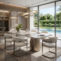 Table à manger rectangulaire de luxe moderne, surface aspect marbre, base à double piédestal pour salle à manger de villa