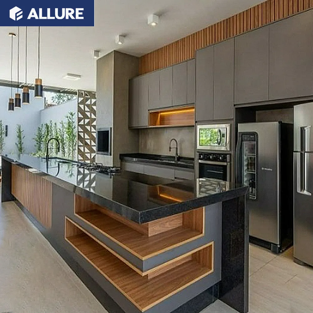 आकर्षक पूर्ण सेट रसोई फर्नीचर स्मार्ट आधुनिक शैली अपार्टमेंट के लिए अनुकूलित कैबिनेट पीवीसी रसोई कैबिनेट