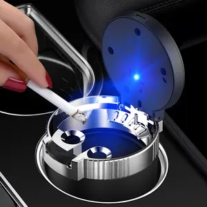 Gulaki Car Ashtray with Lid and Blue LED Indicator Car Portable Stainless Steel Ashtray for Office, Car, Outdoor Travel