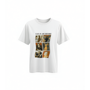 T-shirt unisexe en coton blanc avec impression graphique « Cats In Art History », taille moyenne pour adulte - Product Image 1