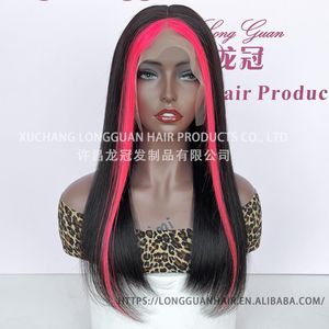 <span class=keywords><strong>Perruque</strong></span> de Style Unique Rose Néon à Rayures pour Femmes <span class=keywords><strong>Perruque</strong></span> à Lacets Longs Cheveux Raides Design Rayé Beauté Humains Perruques BeautyProducts - Product Image 4
