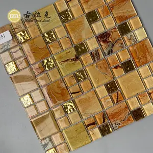 Deluxe altın cam mozaik desen kristal cam paslanmaz çelik mozaik çini duvar parlak mozaik çini