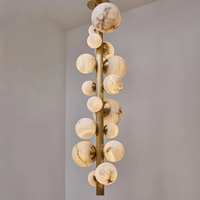 Lustre Linéaire Moderne Nordique de Luxe en Laiton et Albâtre Espagnol, Suspension Globale pour Escalier, Salle à Manger, Villa
