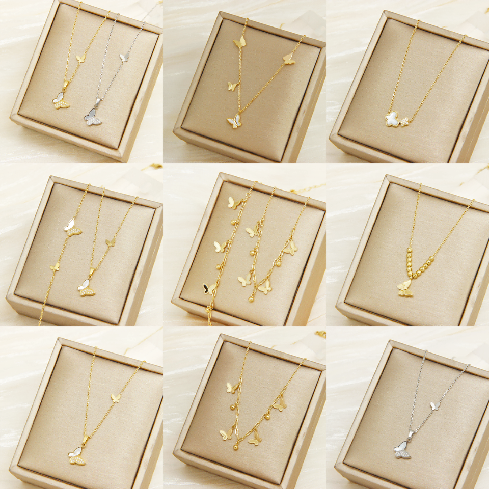 Wholesale 14k Gold Plated Butterfly Pendant Necklace Stainless Steel Fashion Jewelry Sets For Women Custom Fashion