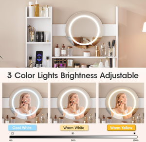 Toeletta Bianca con Illuminazione LED Regolabile, 4 Grandi Cassetti, Presa di Corrente, Tavolo e Sedia <span class=keywords><strong>per</strong></span> Trucco <span class=keywords><strong>per</strong></span> Ragazze - Product Image 5