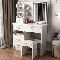 Commode en bois massif chêne avec miroir coulissant, rangement dissimulé, design moderne et simple, luxe discret, pour chambre à coucher, maquillage féminin