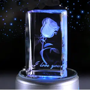 Honor Of Crystal Custom Design Birthday Souvenir Gift Rotating Light Base Led Crystal Cube 3d Laser Engraved Crystal Glass Cube