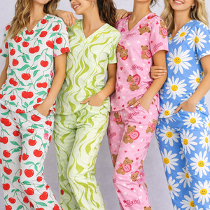 Fabricant impression numérique Scrubs haut et pantalon médecin confortable femmes vétérinaire <span class=keywords><strong>infirmière</strong></span> uniforme <span class=keywords><strong>coton</strong></span> à manches courtes <span class=keywords><strong>Blouse</strong></span> - Product Image 4