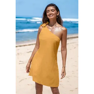 Hot sale solid color sunflower yellow one-shoulder tie bow cropped mini dress