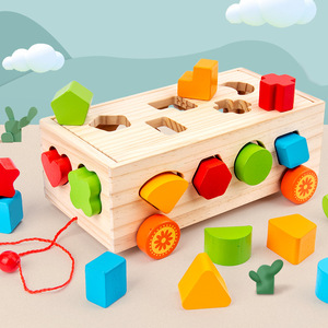 Montessori Wooden Children's Fruit Percussion Piano Set Column Pulling Building Blocks Small Car Geometric Shapes Cognitive 0-3 - Product Image 1
