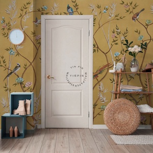 Papel Tapiz Autoadhesivo Ecológico de Papel de Seda Impermeable con Diseño Chinoiserie en Amarillo Mostaza, Pájaros, Flores y Ramas, Papel Tapiz Moderno para Paredes del Hogar - Product Image 4