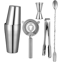 Set Shaker Boston in Acciaio Inox con Finitura a Specchio, 5 Pezzi, con Jigger, Colino, Pinze per Ghiaccio, Cucchiaio da Bar e Forchetta per Home Bar
