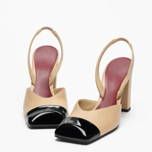 Sapatos Femininos com Tira Traseira, Salto Alto Grosso, Scarpin Patchwork, Sandálias Slingback de Bico Quadrado com Cores Vibrantes e Acabamento Brilhante - Product Image 2