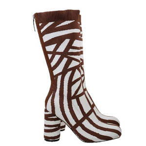 Women Zebra Pattern Knitting Half Knee High <b>Boots</b> High Chunky Round Heels Square Toe Mid Calf Short <b>Boots</b> Back Zipper Shoes - Product Image 6