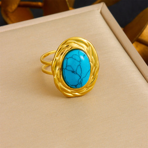 Fashion Retro Oval <b>Turquoise</b> <b>Ring</b> Stainless Steel Open Adjustable Unisex Party Jewelry - Product Image 1