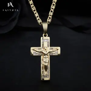 Colgante de Cruz deprimida para hombres y mujeres, Micro juego de diamantes de imitación blancos, chapado en oro 14k, colgante de Jesús cristiano, FP1049