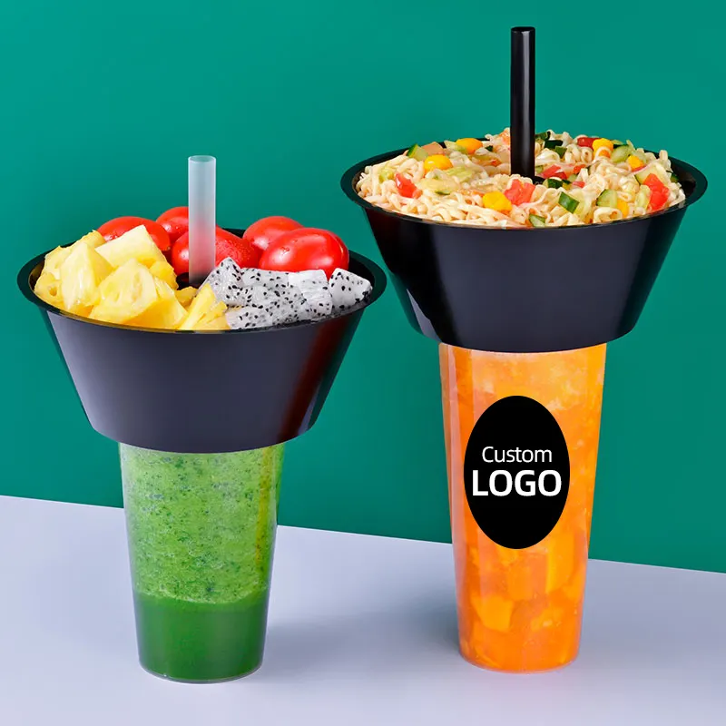 フライドチキンフライスナック用のカスタム使い捨てプラスチック容器は、ボウルとストローでプラスチックカップを食べながら飲むことができます