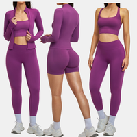 Ensemble de yoga sans couture pour femme : Leggings côtelés taille haute, shorts, brassière de sport, veste zippée – Tenue de sport et fitness