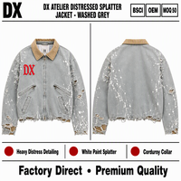 Veste Detroit en denim gris délavé personnalisée 420 g/m² avec détails de vieillissement prononcé et col en velours côtelé à éclaboussures blanches, style streetwear OEM ODM