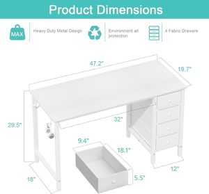 <strong>White</strong> Computer <strong>Desk</strong> with Drawers, 47" Reversible Writing <strong>Desk</strong> for Home Office Bedroom, Modern <strong>PC</strong> <strong>Desk</strong> with Fabric Drawers, <strong>White</strong> - Product Image 6
