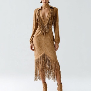 Chic autunno <span class=keywords><strong>donna</strong></span> stile retrò con frange sartoriale dettaglio finto camoscio camicia colletto a manica lunga abito Midi marrone per <span class=keywords><strong>donna</strong></span> - Product Image 4