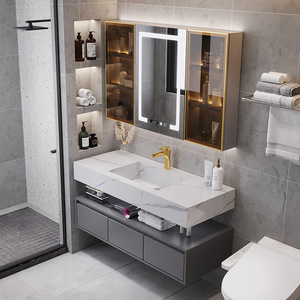 Armoire de salle de bain gris foncé, armoire de rangement en verre avec miroir, comptoir blanc, lavabo, corps d'armoire mural - Product Image 3