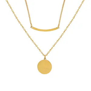 Wholesale round pendant smile double stacked necklace stainless steel gold-plated jewelry