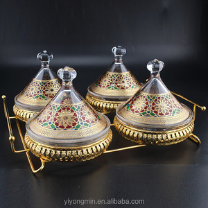 สินค้ามาใหม่ ชุดทากีน 4 ชิ้น สไตล์โมร็อกโก สไตล์อิสลาม สไตล์ยุโรป หรูหรา สีทอง พร้อมแก้วทากีน 3 สี และฐานโลหะสีทอง - Product Image 2