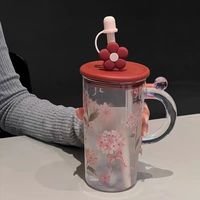 Gelas Tumbler Kaca Borosilikat Tinggi Dekoratif dengan Tutup Berbentuk Bunga, Desain Tanaman Transparan, 450ml, Modern, Dapat Digunakan Kembali, Ramah Lingkungan