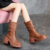Bottes pour femmes à talon épais et semelle compensée, style européen et américain, mi-mollet, doublure en microfibre, avec boucle, vente en gros d'usine