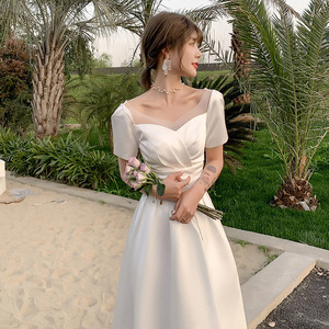 Satin Wedding Dress A-Line Sweetheart Neckline Natural Waist Splicing Simple Style White Gown For Travel Photography - Product Image 4