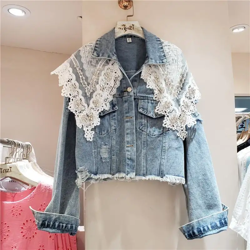 Boutique atacado 2024 outono novo cravejado de diamantes retalhos rendas doce jeans solto jaqueta feminina
