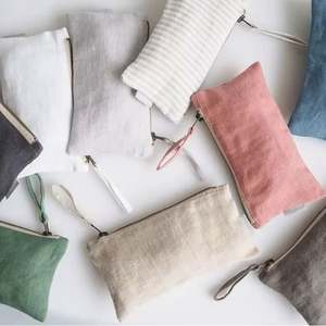 Factory Custom High Quality Embroidery <b>Drawstring</b> Personalized Organic Linen Pouch With Zipper Linen <b>Makeup</b> <b>Bag</b> - Product Image 4