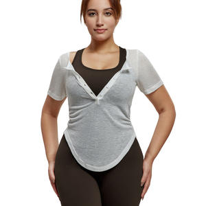 Para Amazon Plus Size Athletic Sports Cover-Up Slim Fit manga corta Yoga Cover-Up para chicas curvas transpirable estampado diseño frontal - Product Image 1