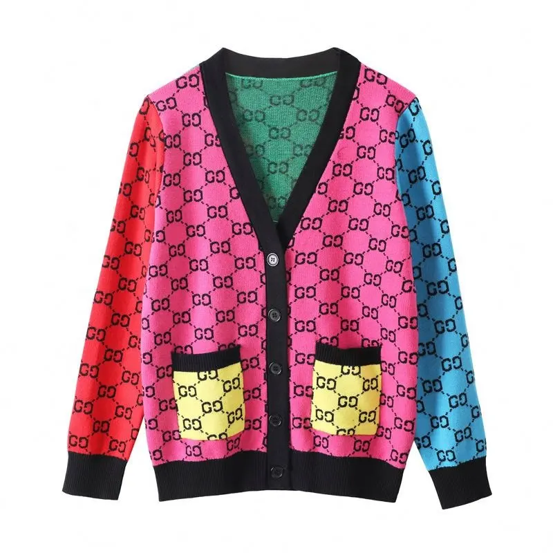 In Stock Free Sample High End Luxury Designer Fashion Cardigan Sweater Women Knitted Colorful V Neck Jacquard Knitwear Jacket