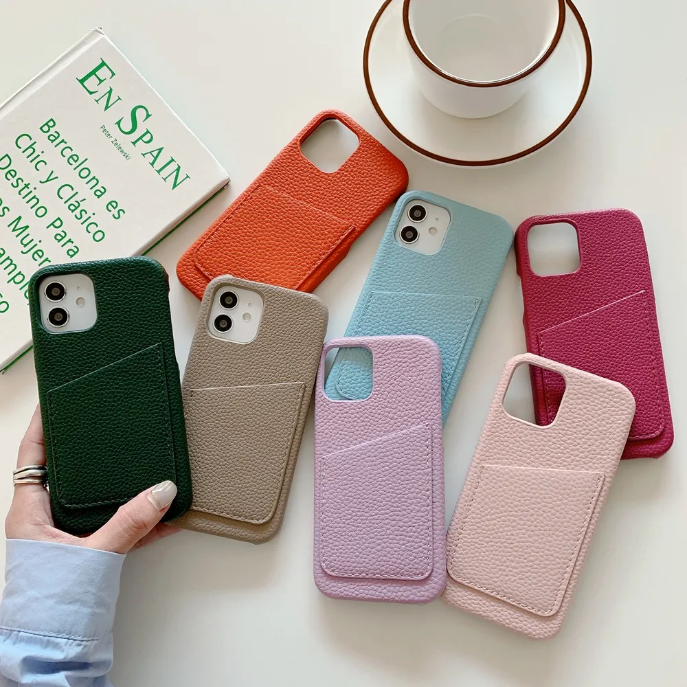 Leather Card Wallet Card Holder Mobile Case for iPhone 13 Lychee Pebble Leather Cover For Apple iPhone Case